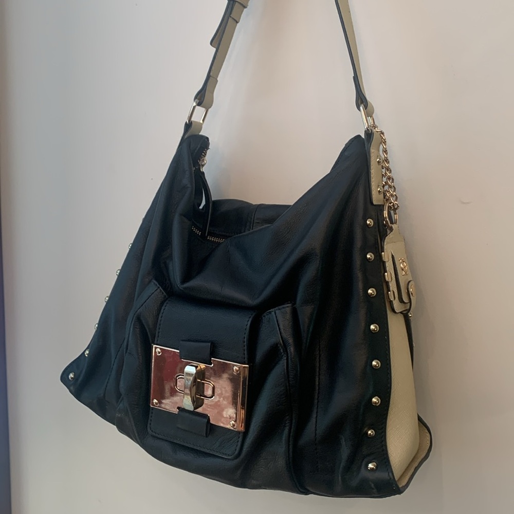 Joy Gryson black/cream trim genuine leather shoulder slouch bag